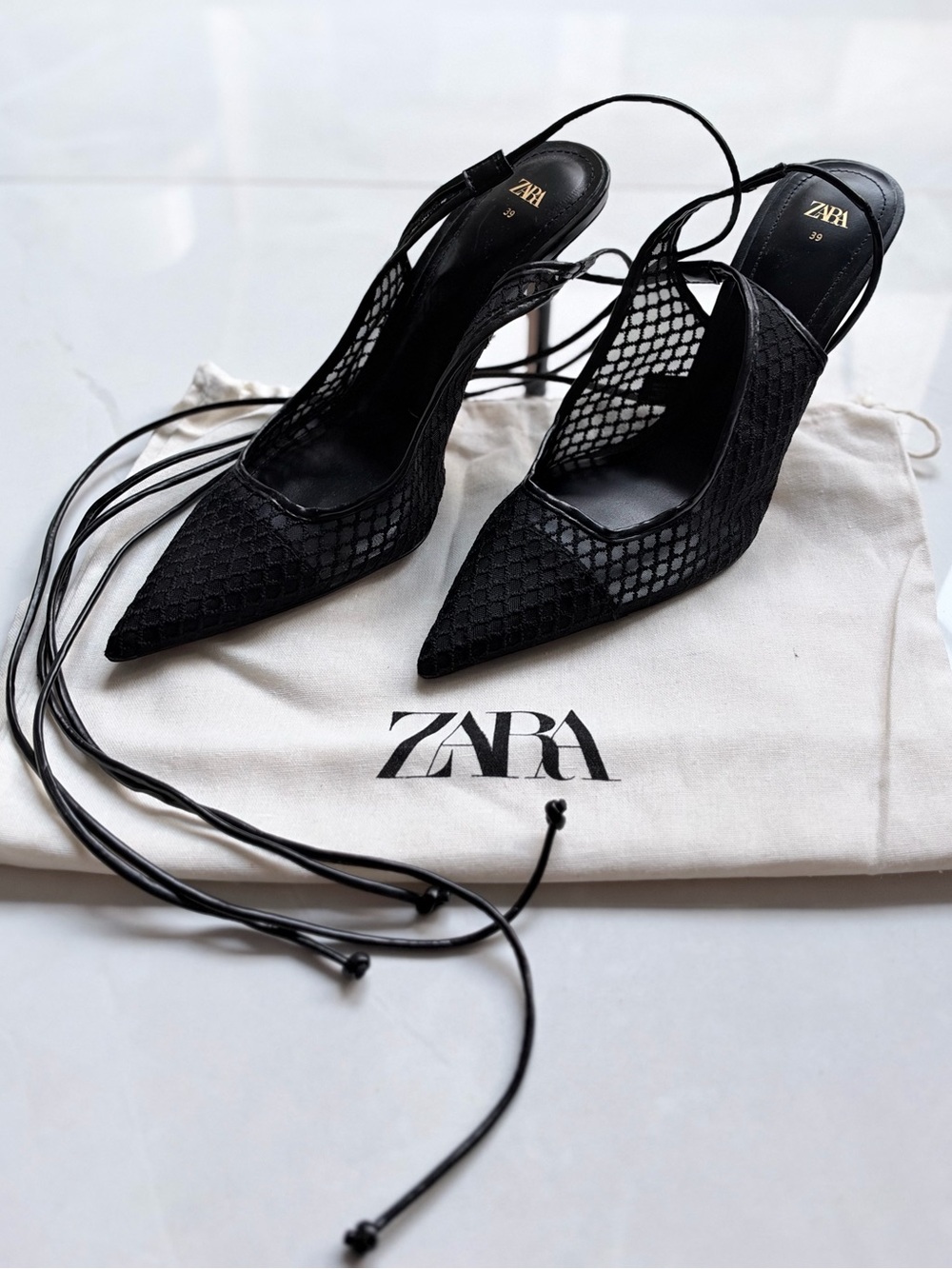 Zara black mesh lace up pointed high slingbacks Sz 8.5